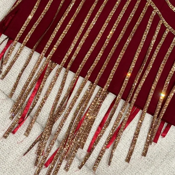 Halter Gold Burgundy Red Short Sparkle Fringe Showgirl Stage Dance Flapper Dress - Picture 2 of 12